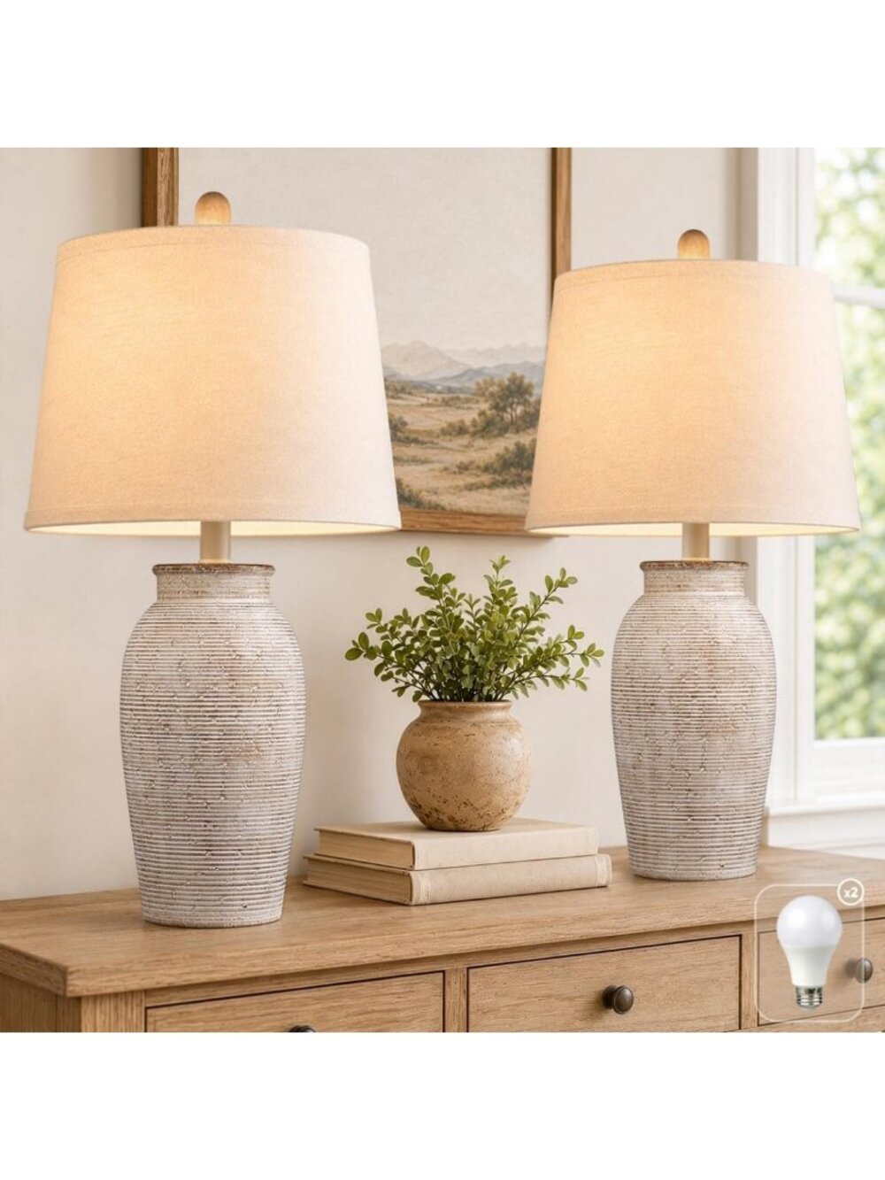 Set of 2 Ceramic Table Lamps, 24.5" Farmhouse Style for Living Room Decor